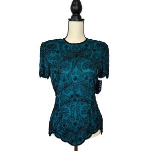 Stenay Vintage Top Beaded Teal Black Short Sleeve Scalloped Hems Womens Sz S NWT